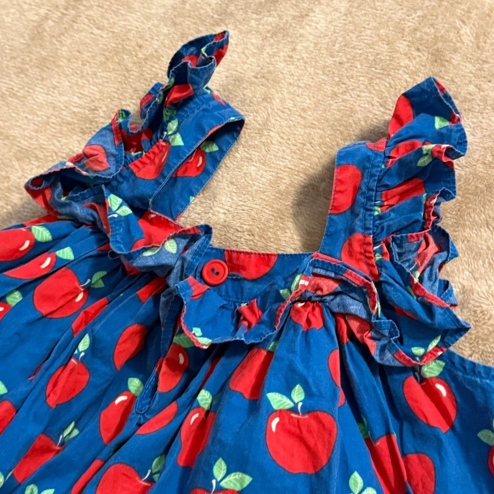Eleanor Rose Farrah Dress Girls Size 5-6 Blue Red Apple Print Ruffle Sleeveless